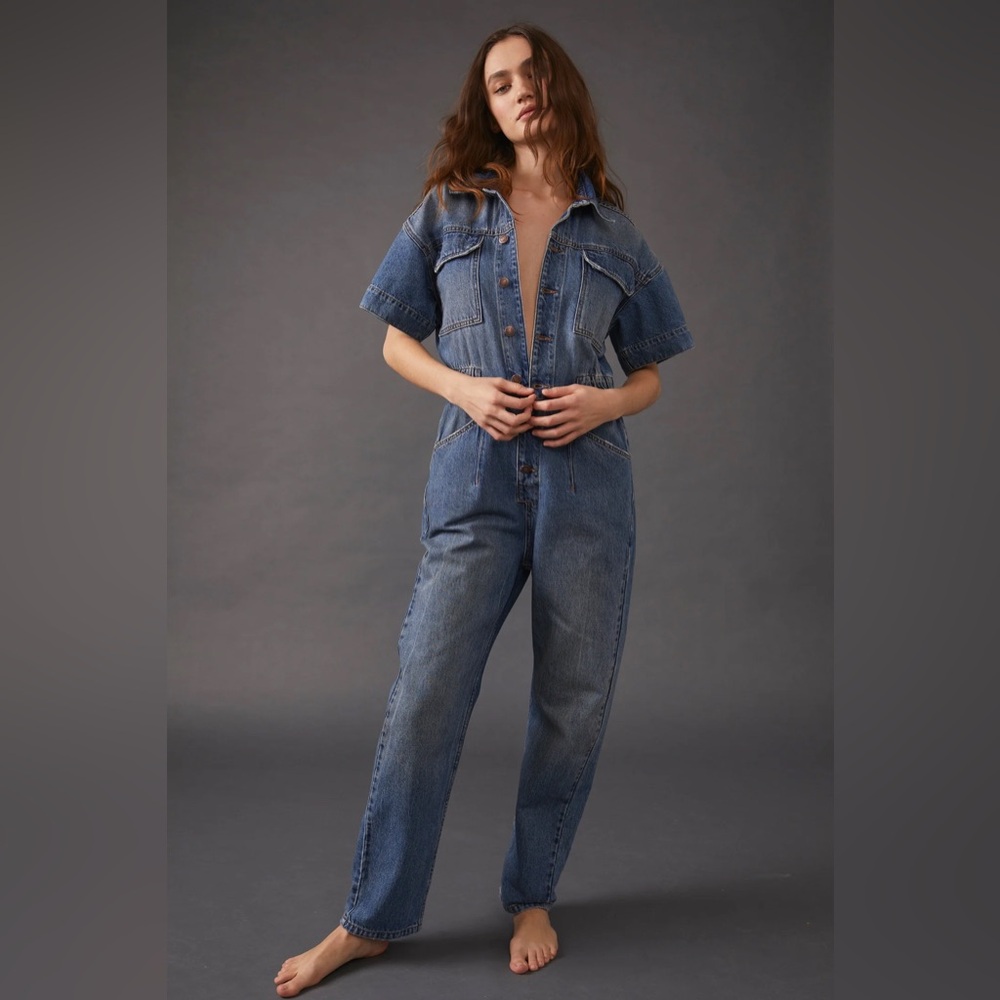 Free People We The Free Marci Denim Jumpsuit in High Noon Size Small - Picture 2 of 15